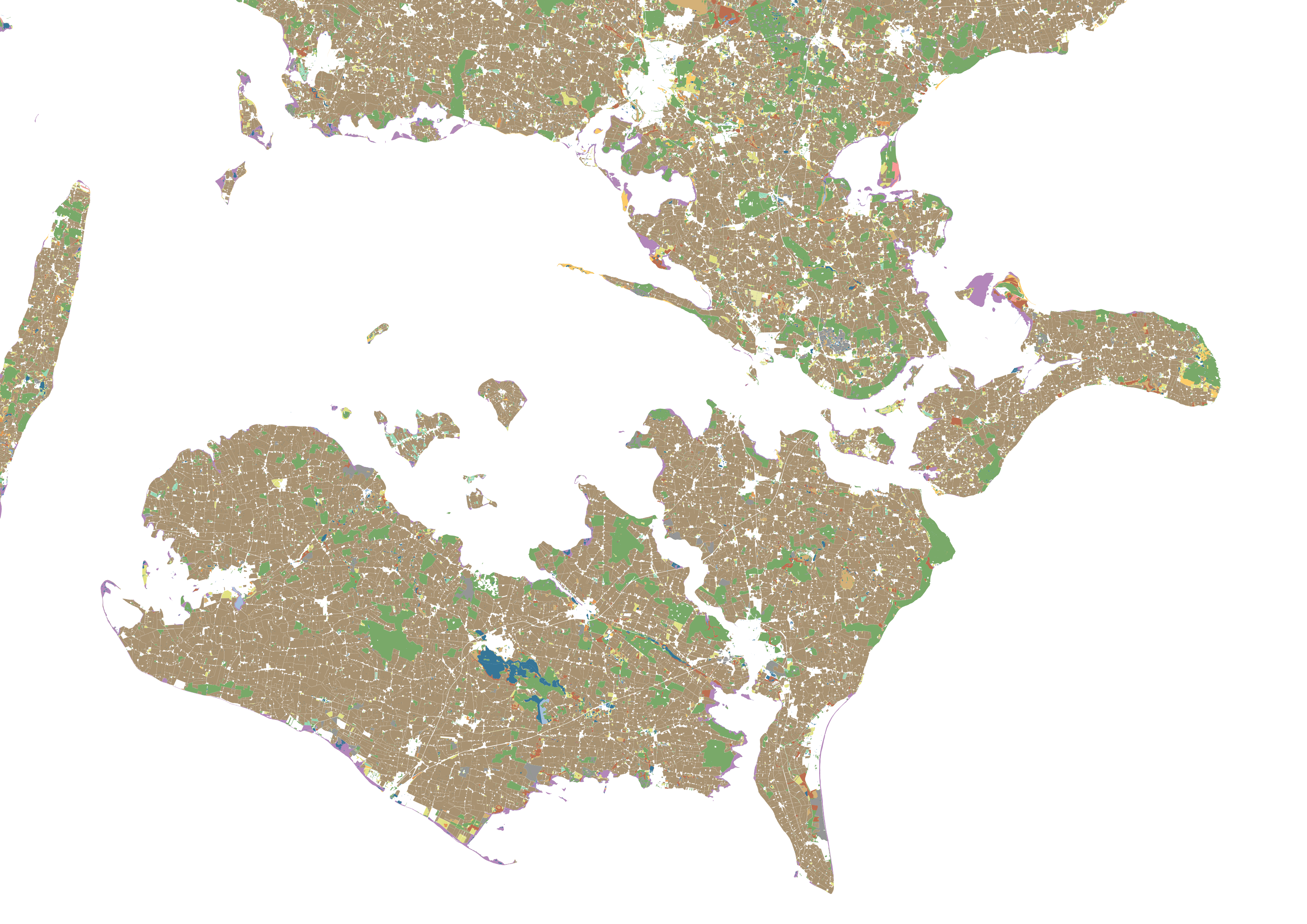 Land-cover map of Danish islands, coloured by parcel and land use